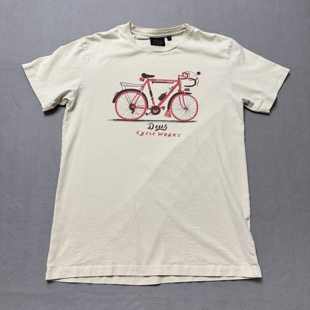 Deus Ex Machina shirt Mens Medium Beige Kinetic Bike Graphic Casual Streetwear *